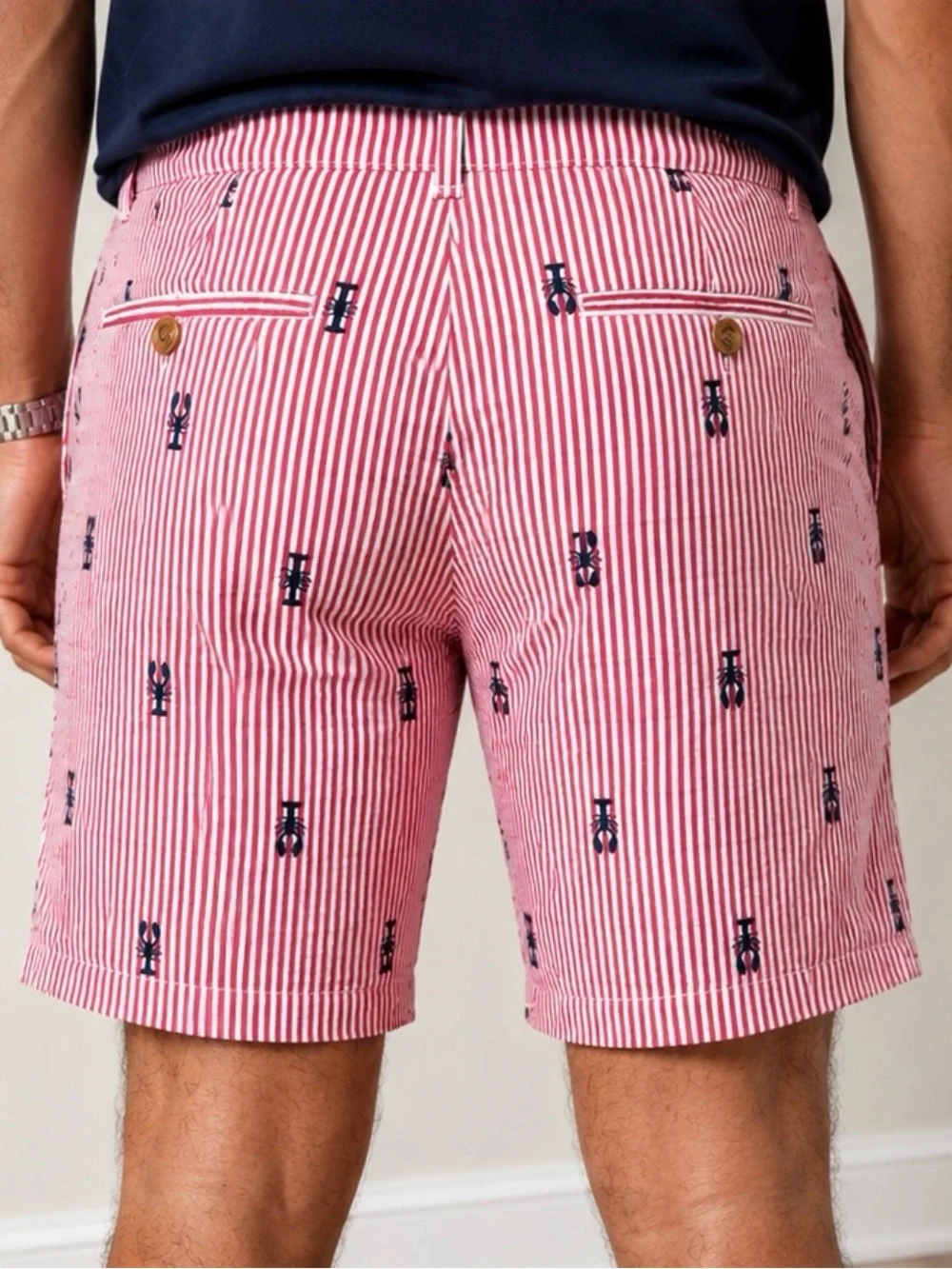 Club Room Lobster Seersucker Chino Shorts Red White Stretch Men’s 32W 7” Inseam
